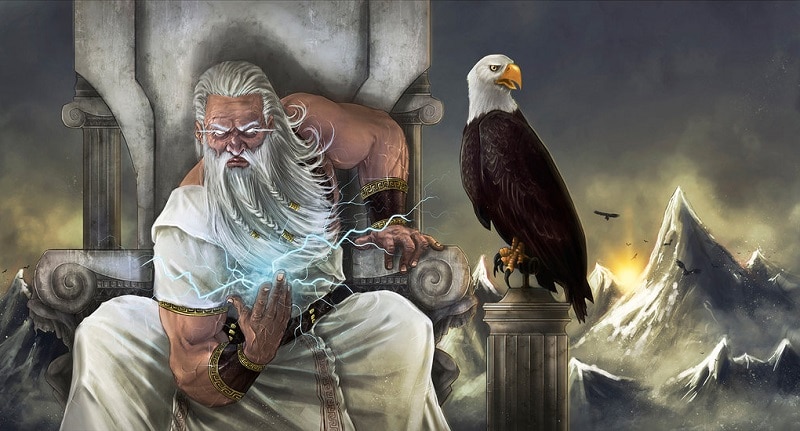 Zeus is represented by thunder and an eagle,